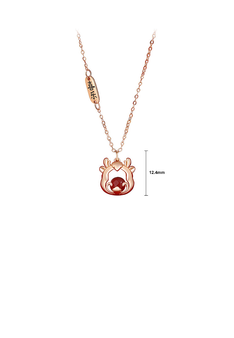 925 Sterling Silver Plated Rose Gold Fashion Vintage Chinese Zodiac Dragon Pendant with Imitation Agate and Necklace
