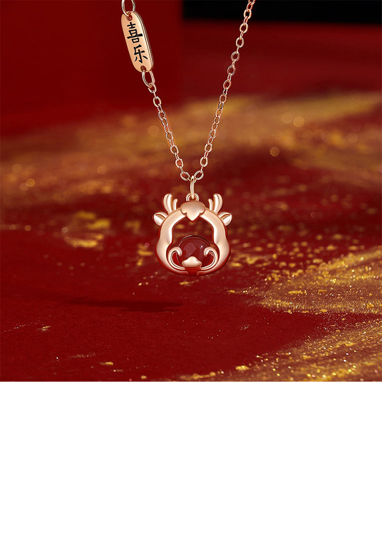 925 Sterling Silver Plated Rose Gold Fashion Vintage Chinese Zodiac Dragon Pendant with Imitation Agate and Necklace