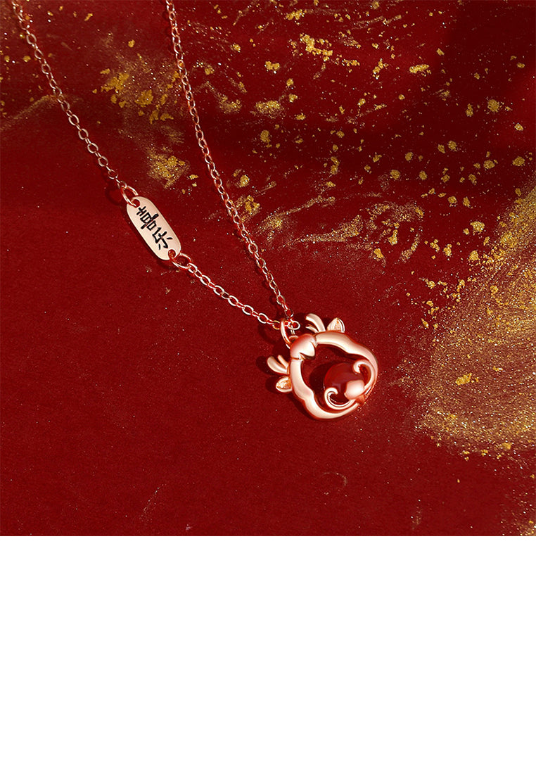 925 Sterling Silver Plated Rose Gold Fashion Vintage Chinese Zodiac Dragon Pendant with Imitation Agate and Necklace