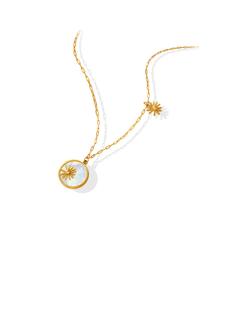 Fashion and Simple Plated Gold 316L Stainless Steel Daisy Geometric Mother-of-pearl Round Pendant with Necklace
