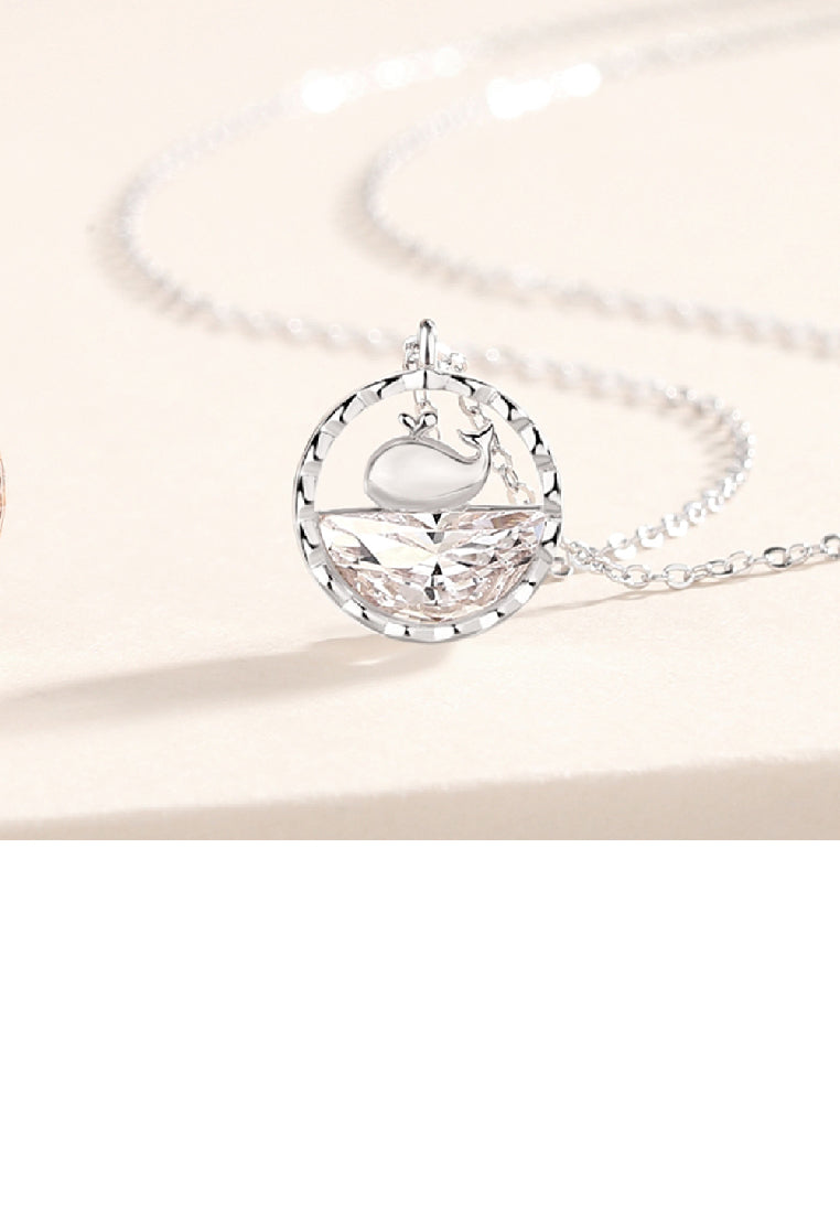 925 Sterling Silver Fashion Cute Whale Hollow Geometric Pendant with Cubic Zirconia and Necklace - Luxurious Look