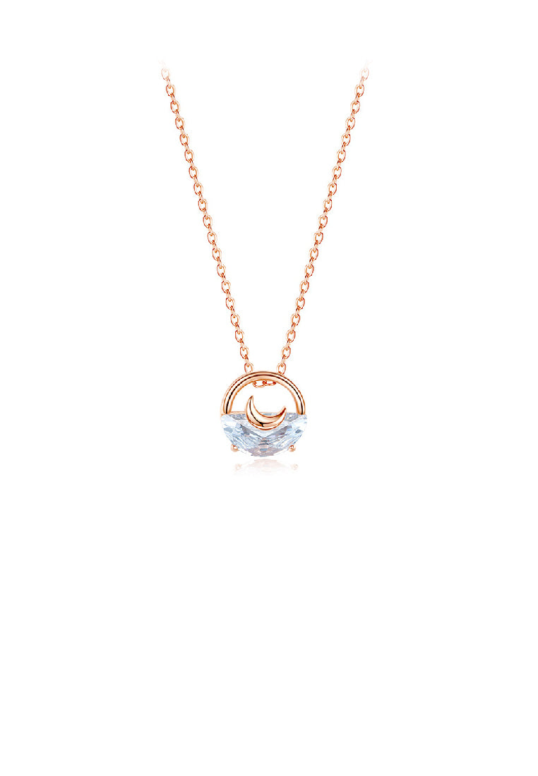 925 Sterling Silver Plated Rose Gold Simple Fashion Moon Hollow Geometric Pendant with Cubic Zirconia and Necklace - Luxurious Look