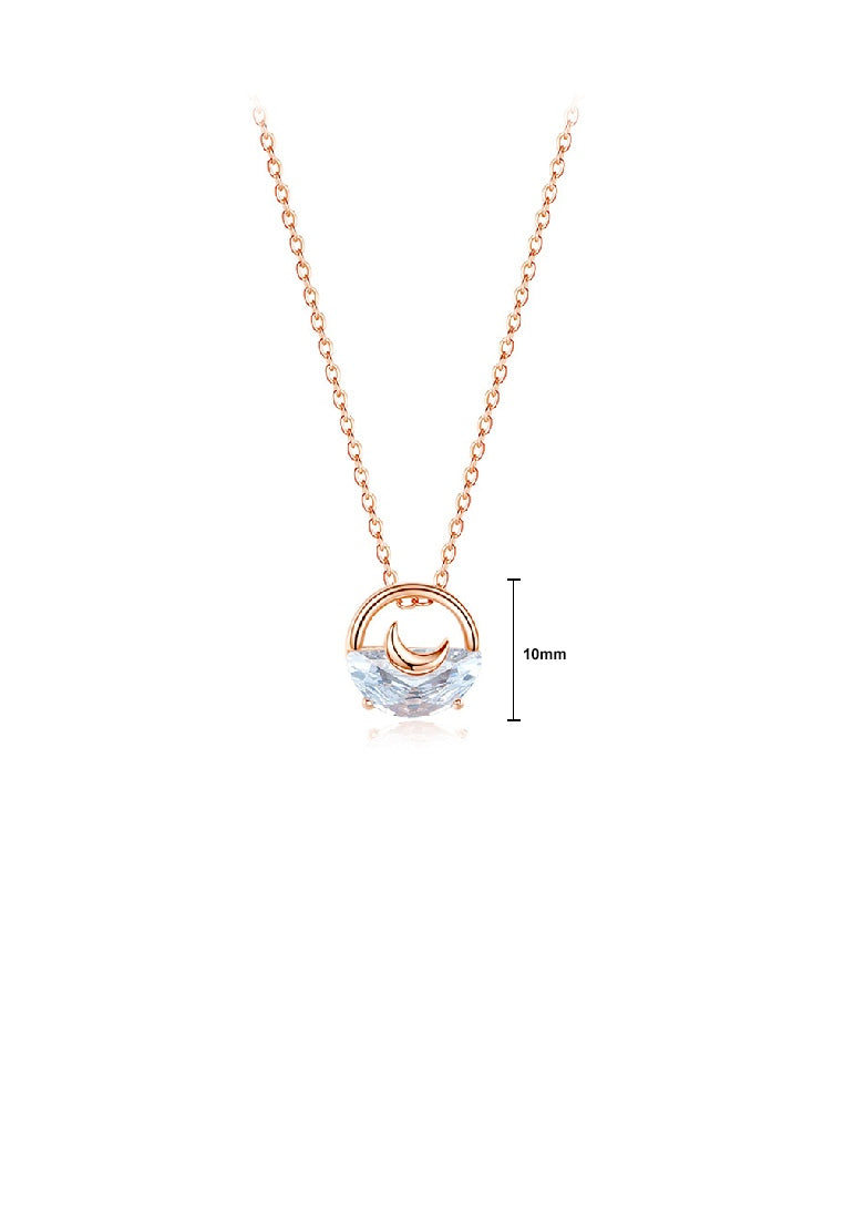 925 Sterling Silver Plated Rose Gold Simple Fashion Moon Hollow Geometric Pendant with Cubic Zirconia and Necklace - Luxurious Look