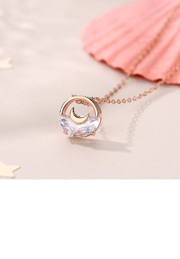 925 Sterling Silver Plated Rose Gold Simple Fashion Moon Hollow Geometric Pendant with Cubic Zirconia and Necklace - Luxurious Look