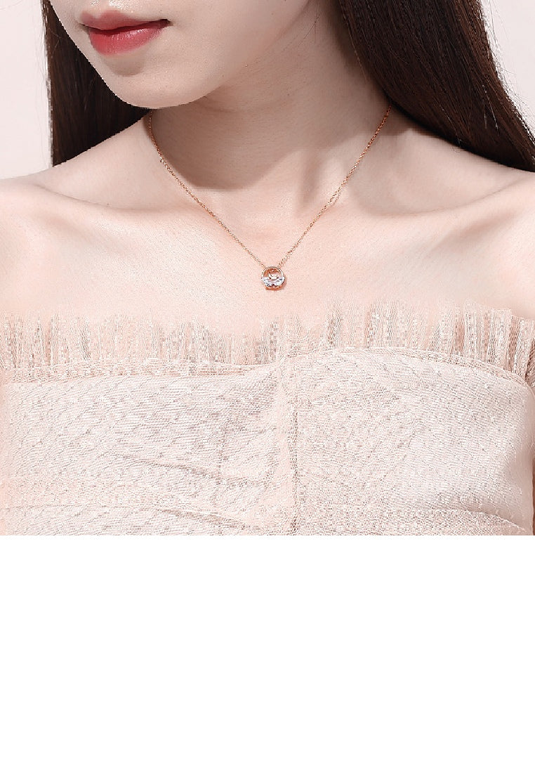 925 Sterling Silver Plated Rose Gold Simple Fashion Moon Hollow Geometric Pendant with Cubic Zirconia and Necklace - Luxurious Look