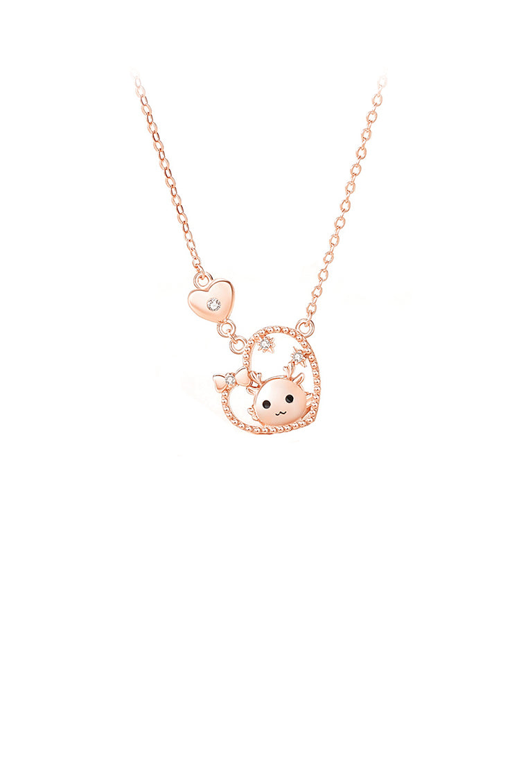 925 Sterling Silver Plated Rose Gold Fashion and Romantic Chinese Zodiac Dragon Heart-shaped Pendant with Cubic Zirconia and Necklace - Luxurious Look