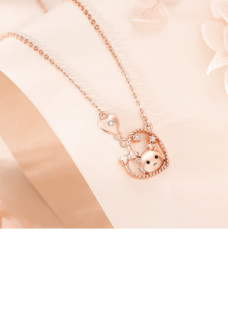 925 Sterling Silver Plated Rose Gold Fashion and Romantic Chinese Zodiac Dragon Heart-shaped Pendant with Cubic Zirconia and Necklace - Luxurious Look