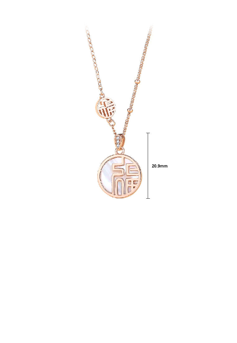 925 Sterling Silver Plated Rose Gold Fashion Vintage Fu Geometric Round Mother-of-pearl Pendant with Necklace