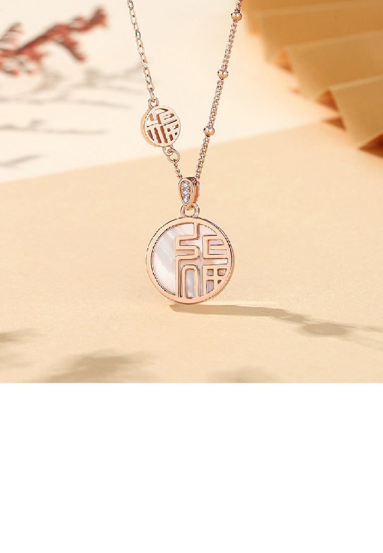 925 Sterling Silver Plated Rose Gold Fashion Vintage Fu Geometric Round Mother-of-pearl Pendant with Necklace