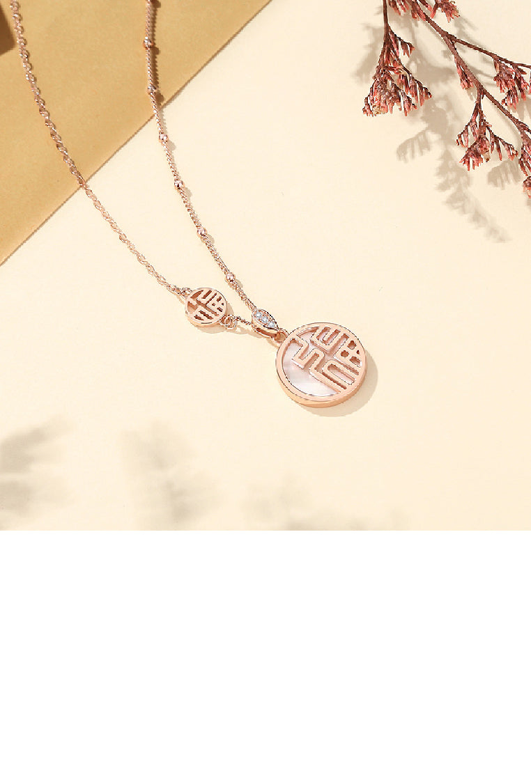 925 Sterling Silver Plated Rose Gold Fashion Vintage Fu Geometric Round Mother-of-pearl Pendant with Necklace