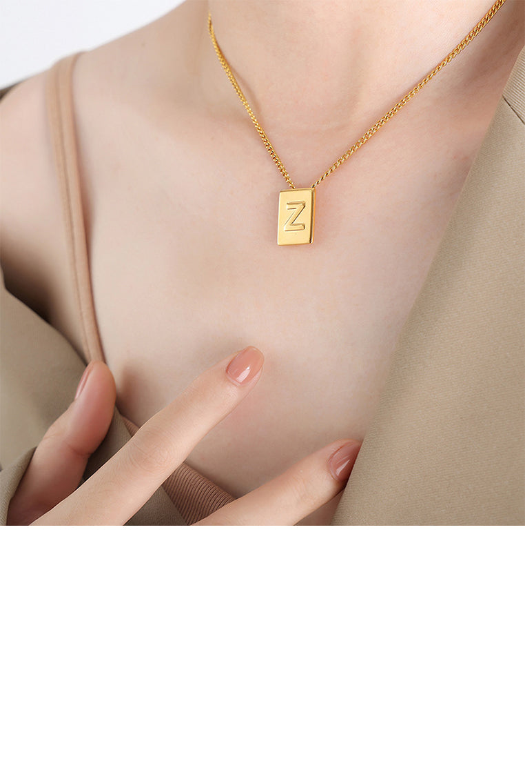 Fashion and Simple Plated Gold 316L Stainless Steel Alphabet Z Geometric Square Pendant with Necklace