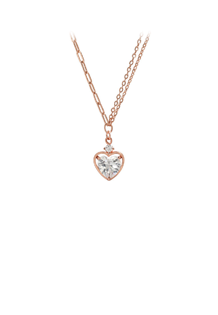 925 Sterling Silver Plated Rose Gold Simple Romantic Heart Pendant with Cubic Zirconia and Necklace - Luxurious Look