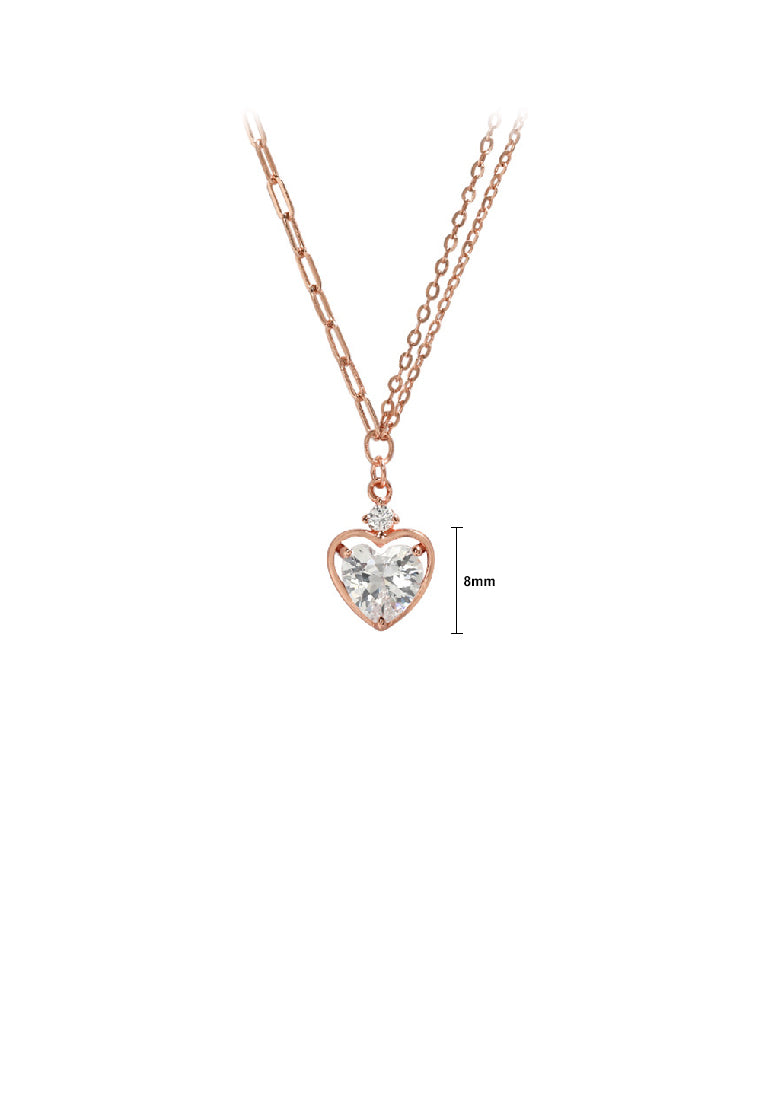 925 Sterling Silver Plated Rose Gold Simple Romantic Heart Pendant with Cubic Zirconia and Necklace - Luxurious Look