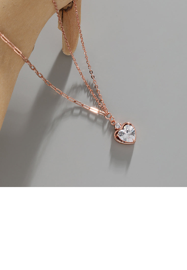925 Sterling Silver Plated Rose Gold Simple Romantic Heart Pendant with Cubic Zirconia and Necklace - Luxurious Look
