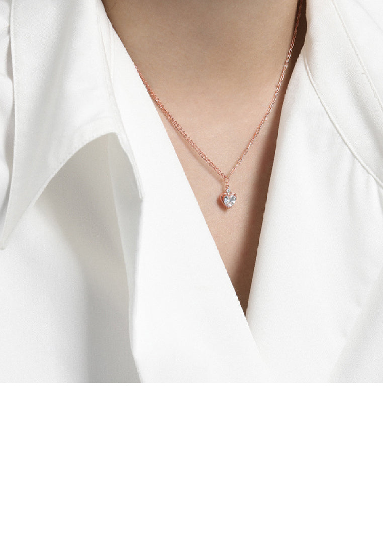 925 Sterling Silver Plated Rose Gold Simple Romantic Heart Pendant with Cubic Zirconia and Necklace - Luxurious Look