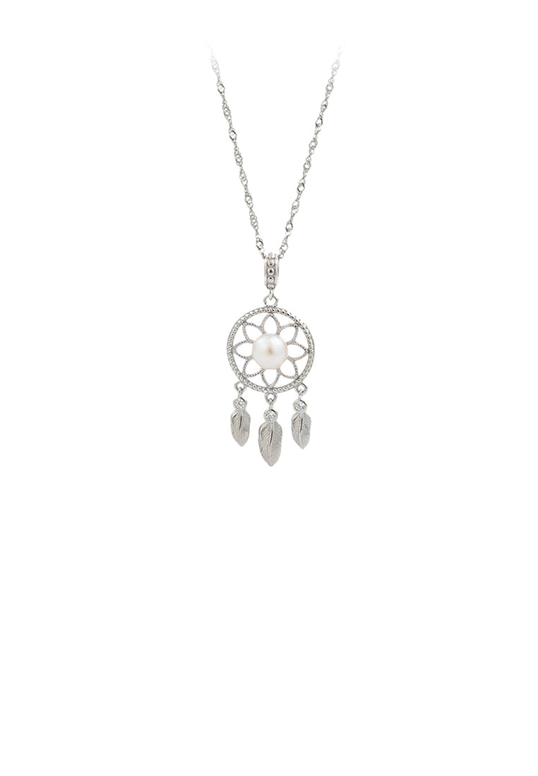 925 Sterling Silver Fashion Creative Dream Catcher White Freshwater Pearl Pendant with Necklace - Luxurious Look