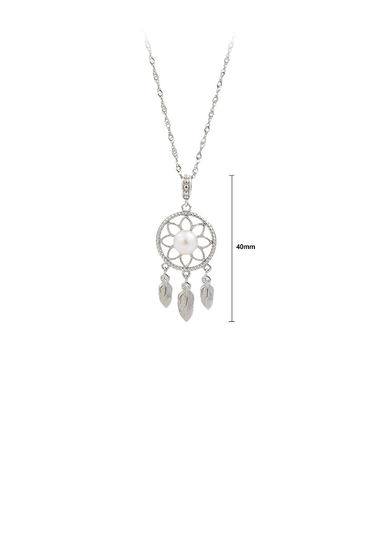 925 Sterling Silver Fashion Creative Dream Catcher White Freshwater Pearl Pendant with Necklace - Luxurious Look