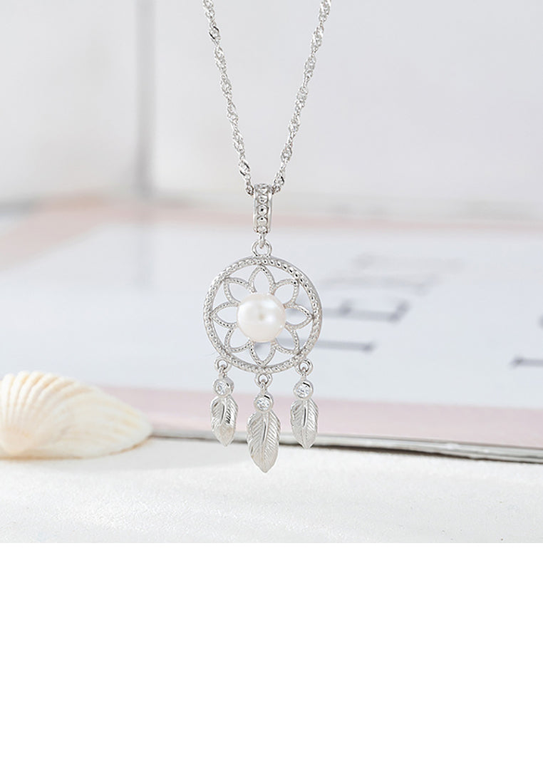 925 Sterling Silver Fashion Creative Dream Catcher White Freshwater Pearl Pendant with Necklace - Luxurious Look