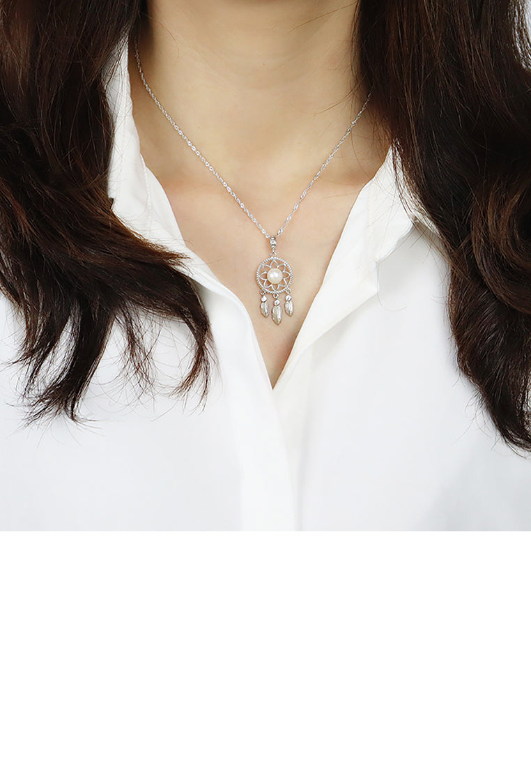 925 Sterling Silver Fashion Creative Dream Catcher White Freshwater Pearl Pendant with Necklace - Luxurious Look