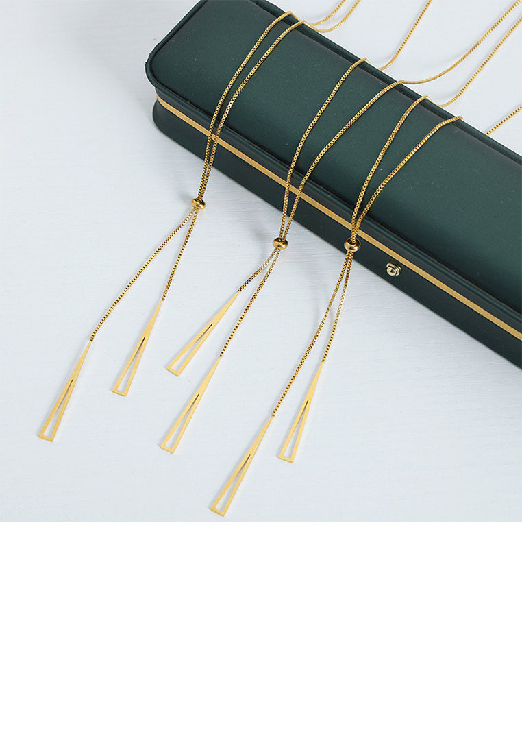 Simple and Fashion Plated Gold 316L Stainless Steel Hollow Triangle Tassel Pendant with Long Necklace