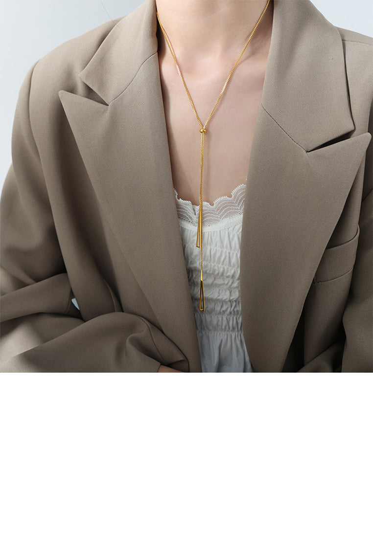 Simple and Fashion Plated Gold 316L Stainless Steel Hollow Triangle Tassel Pendant with Long Necklace