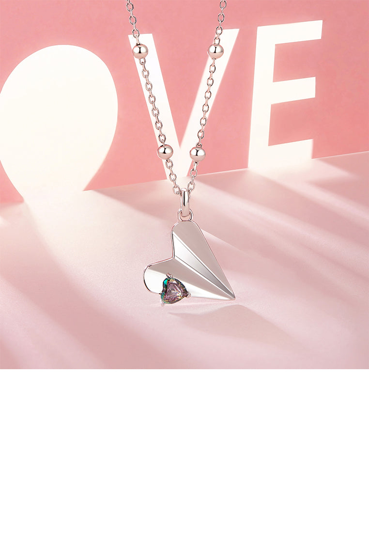 925 Sterling Silver Fashion and Creative Heart-shaped Paper Airplane Pendant with Cubic Zirconia and Necklace - Luxurious Look