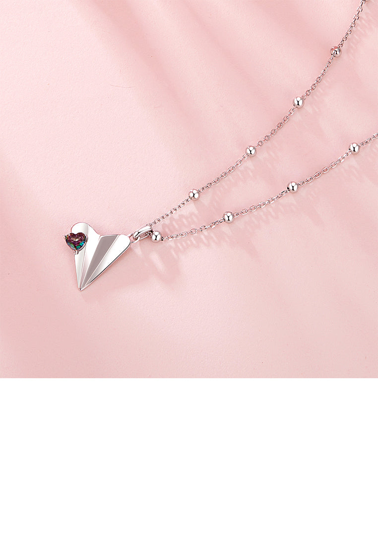 925 Sterling Silver Fashion and Creative Heart-shaped Paper Airplane Pendant with Cubic Zirconia and Necklace - Luxurious Look