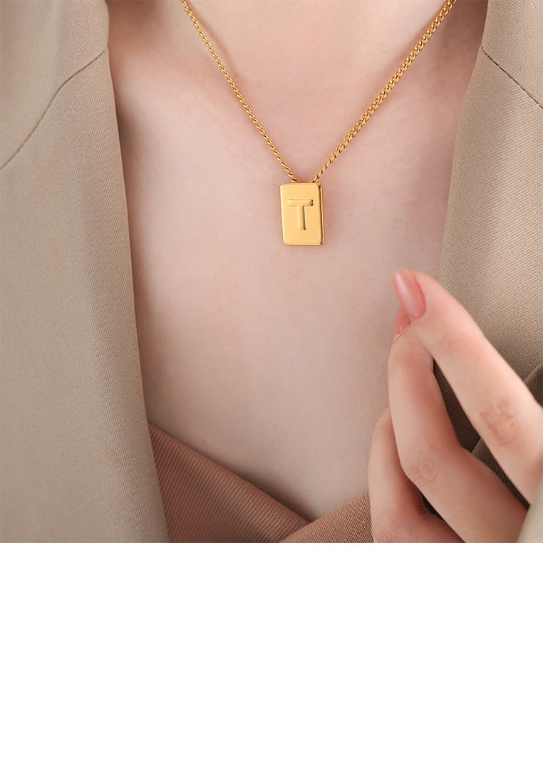 Fashion and Simple Plated Gold 316L Stainless Steel Alphabet T Geometric Square Pendant with Necklace