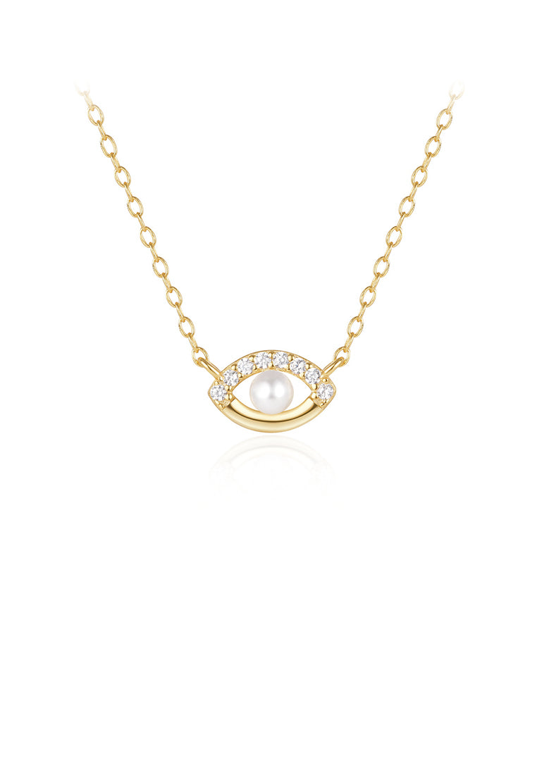 925 Sterling Silver Plated Gold Simple and Fashion Devils Eye Imitation Pearl Pendant with Cubic Zirconia and Necklace - Luxurious Look