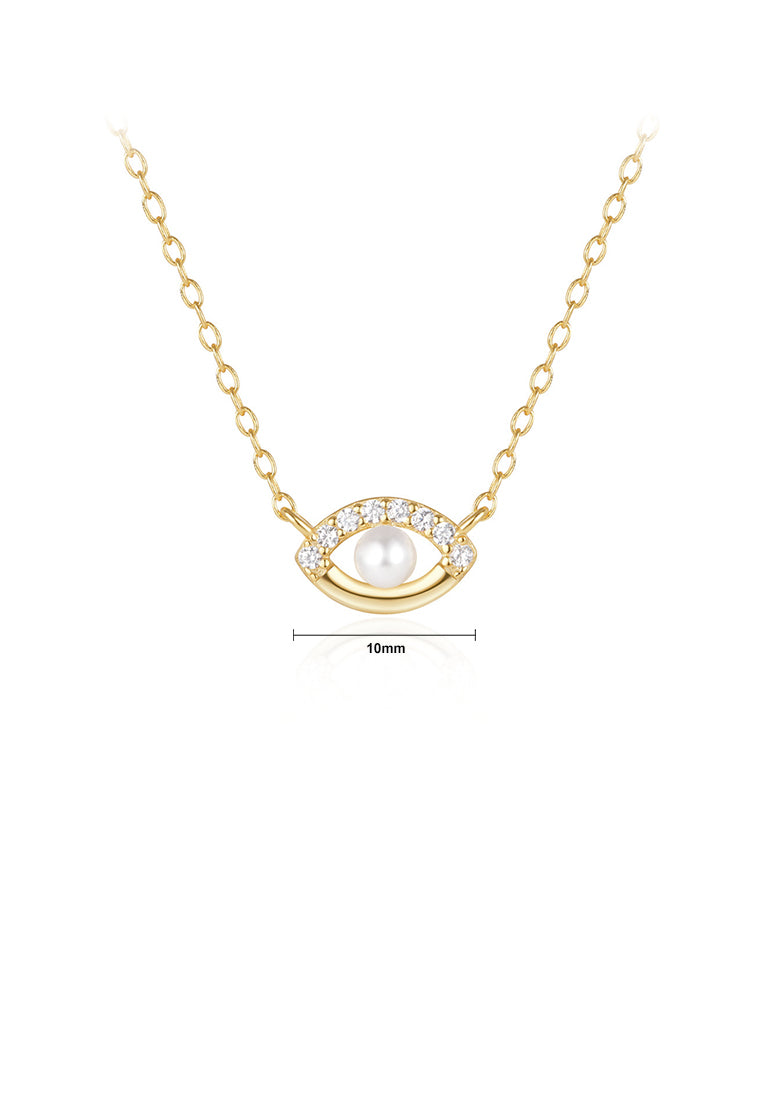 925 Sterling Silver Plated Gold Simple and Fashion Devils Eye Imitation Pearl Pendant with Cubic Zirconia and Necklace - Luxurious Look