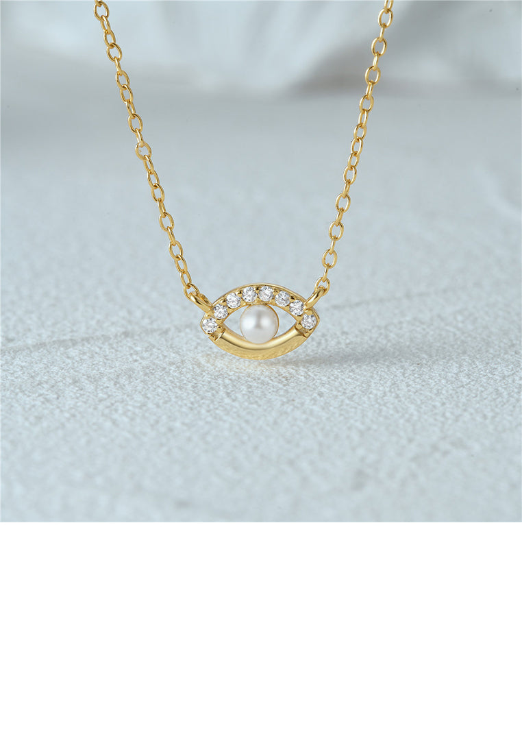 925 Sterling Silver Plated Gold Simple and Fashion Devils Eye Imitation Pearl Pendant with Cubic Zirconia and Necklace - Luxurious Look