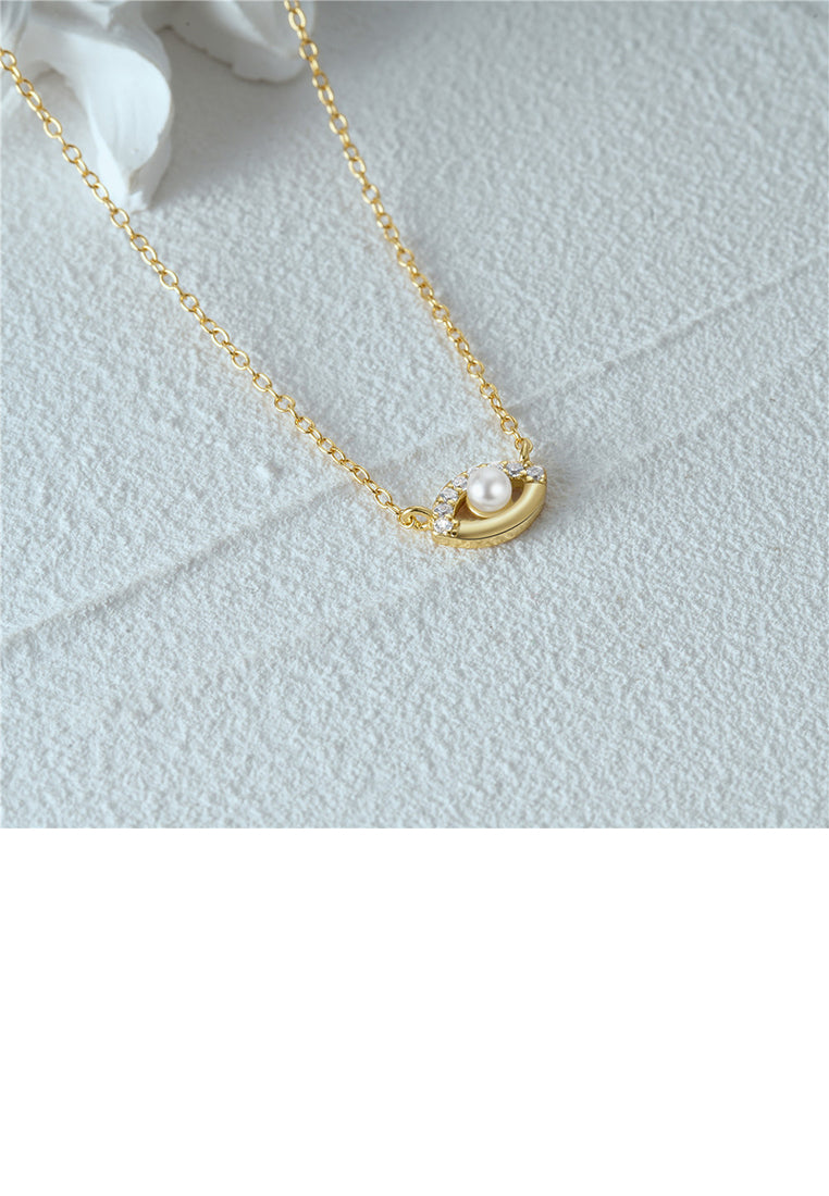 925 Sterling Silver Plated Gold Simple and Fashion Devils Eye Imitation Pearl Pendant with Cubic Zirconia and Necklace - Luxurious Look
