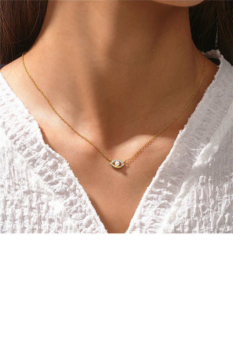 925 Sterling Silver Plated Gold Simple and Fashion Devils Eye Imitation Pearl Pendant with Cubic Zirconia and Necklace - Luxurious Look