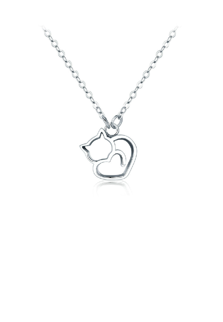 925 Sterling Silver Simple and Cute Hollow Cat Heart Pendant with Necklace
