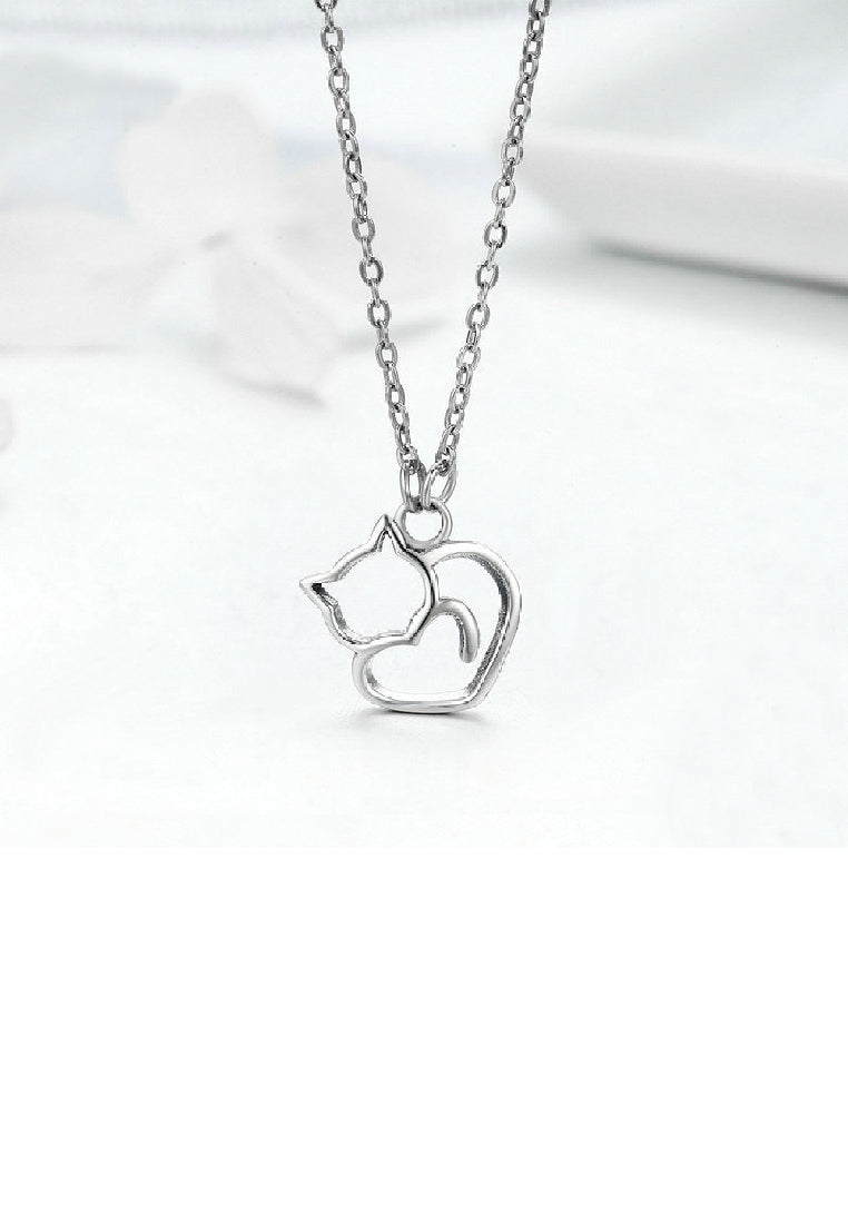 925 Sterling Silver Simple and Cute Hollow Cat Heart Pendant with Necklace
