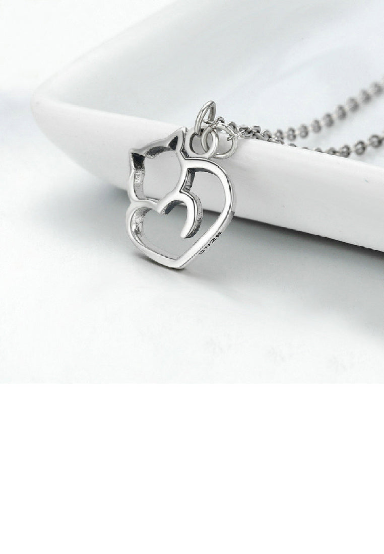 925 Sterling Silver Simple and Cute Hollow Cat Heart Pendant with Necklace