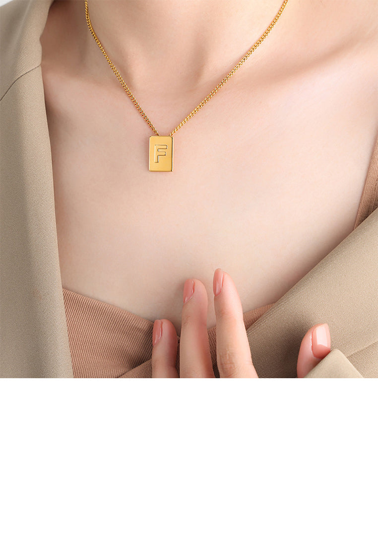 Fashion and Simple Plated Gold 316L Stainless Steel Alphabet F Geometric Square Pendant with Necklace