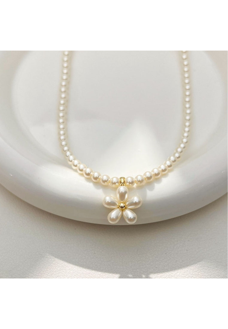 Fashion Elegant Plated Gold 316L Stainless Steel Cross Imitation Pearl Pendant with Beaded Necklace - Luxurious Look
