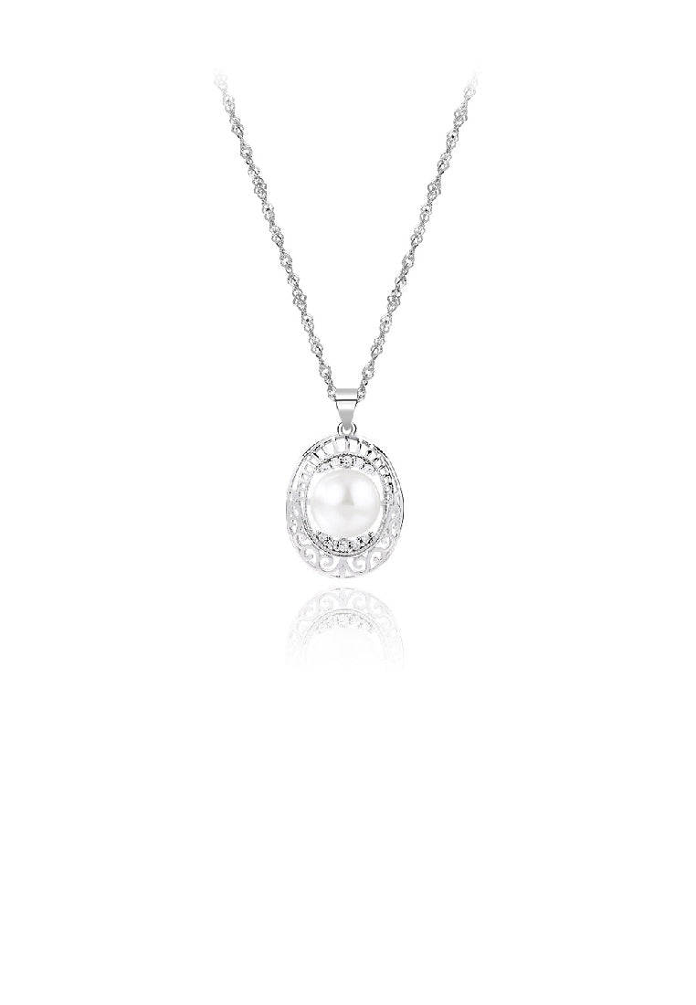 925 Sterling Silver Fashion Elegant Hollow Pattern Geometric Freshwater Pearl Pendant with Cubic Zirconia and Necklace - Luxurious Look