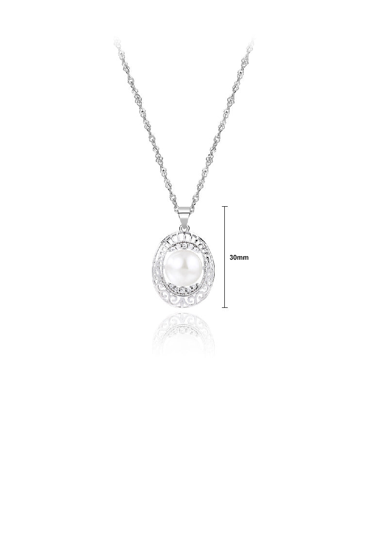 925 Sterling Silver Fashion Elegant Hollow Pattern Geometric Freshwater Pearl Pendant with Cubic Zirconia and Necklace - Luxurious Look