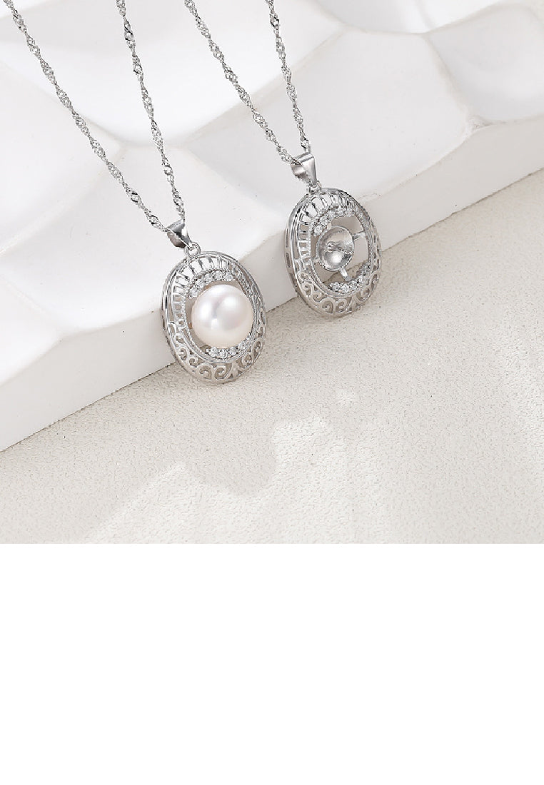 925 Sterling Silver Fashion Elegant Hollow Pattern Geometric Freshwater Pearl Pendant with Cubic Zirconia and Necklace - Luxurious Look
