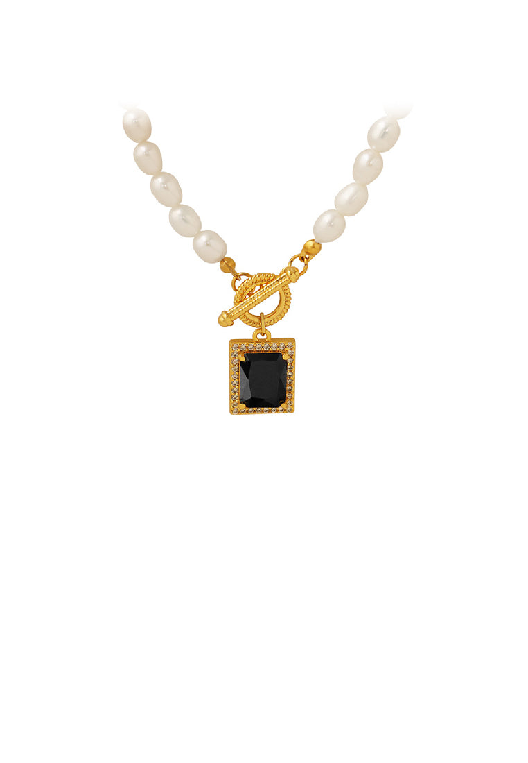 Fashion Temperament Plated Gold 316L Stainless Steel Geometric Cube Black Cubic Zirconia Pendant with Imitation Pearl Necklace - Luxurious Look