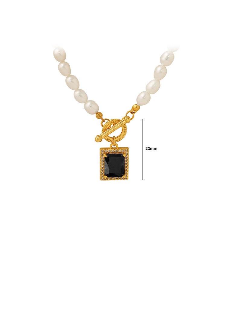 Fashion Temperament Plated Gold 316L Stainless Steel Geometric Cube Black Cubic Zirconia Pendant with Imitation Pearl Necklace - Luxurious Look