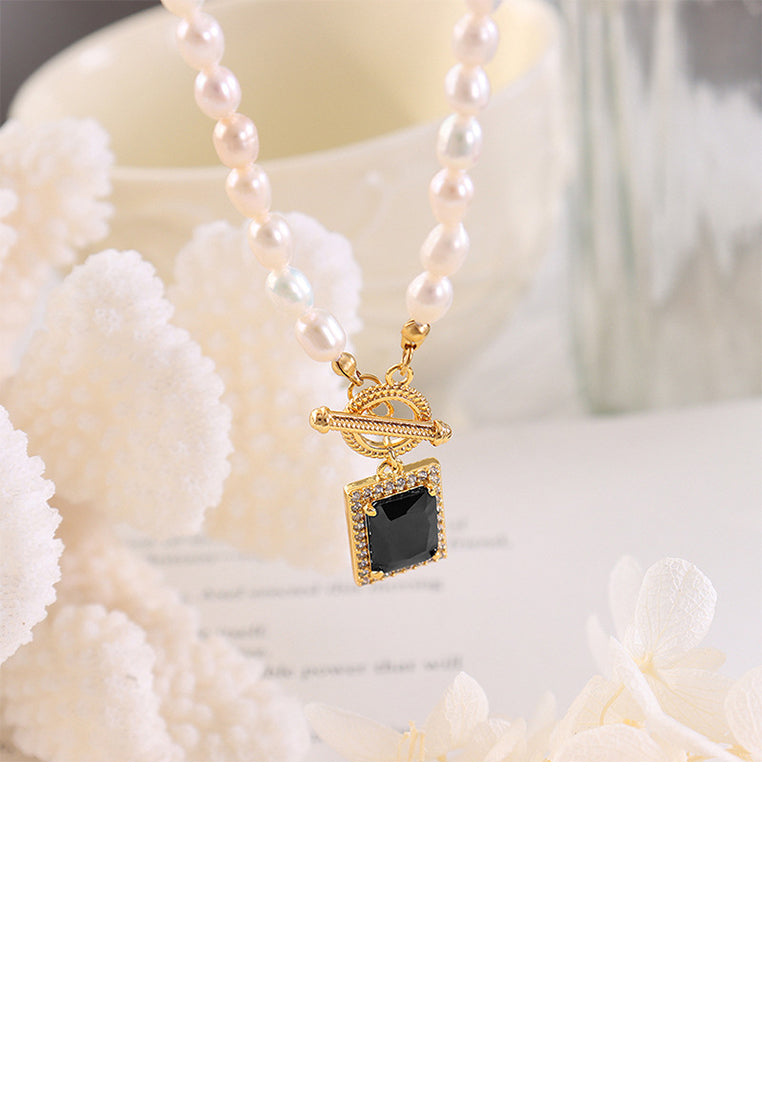 Fashion Temperament Plated Gold 316L Stainless Steel Geometric Cube Black Cubic Zirconia Pendant with Imitation Pearl Necklace - Luxurious Look