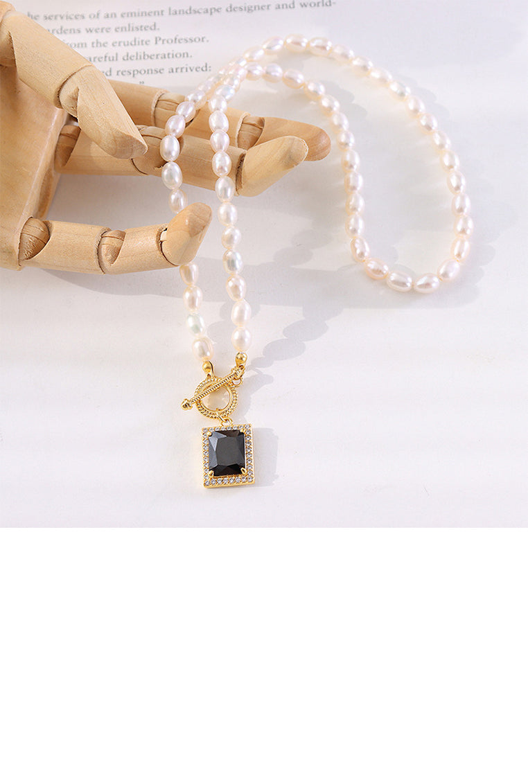 Fashion Temperament Plated Gold 316L Stainless Steel Geometric Cube Black Cubic Zirconia Pendant with Imitation Pearl Necklace - Luxurious Look