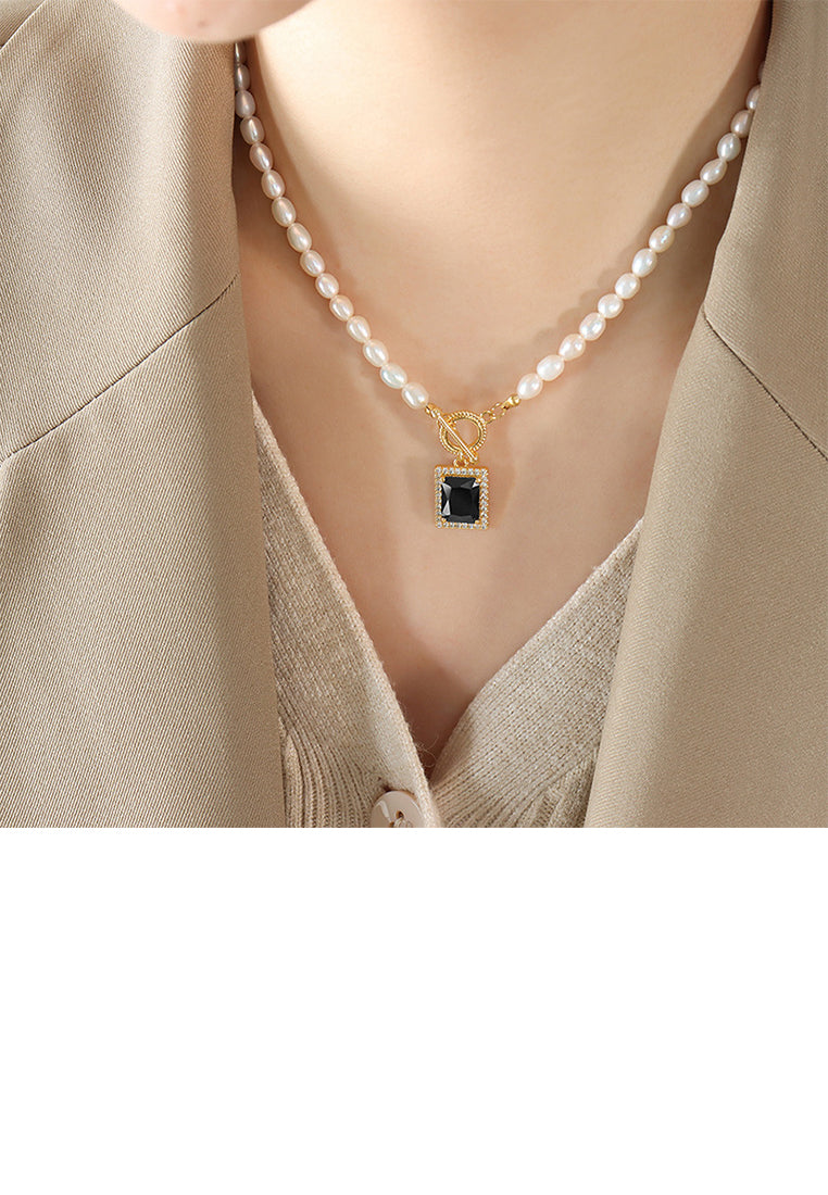 Fashion Temperament Plated Gold 316L Stainless Steel Geometric Cube Black Cubic Zirconia Pendant with Imitation Pearl Necklace - Luxurious Look