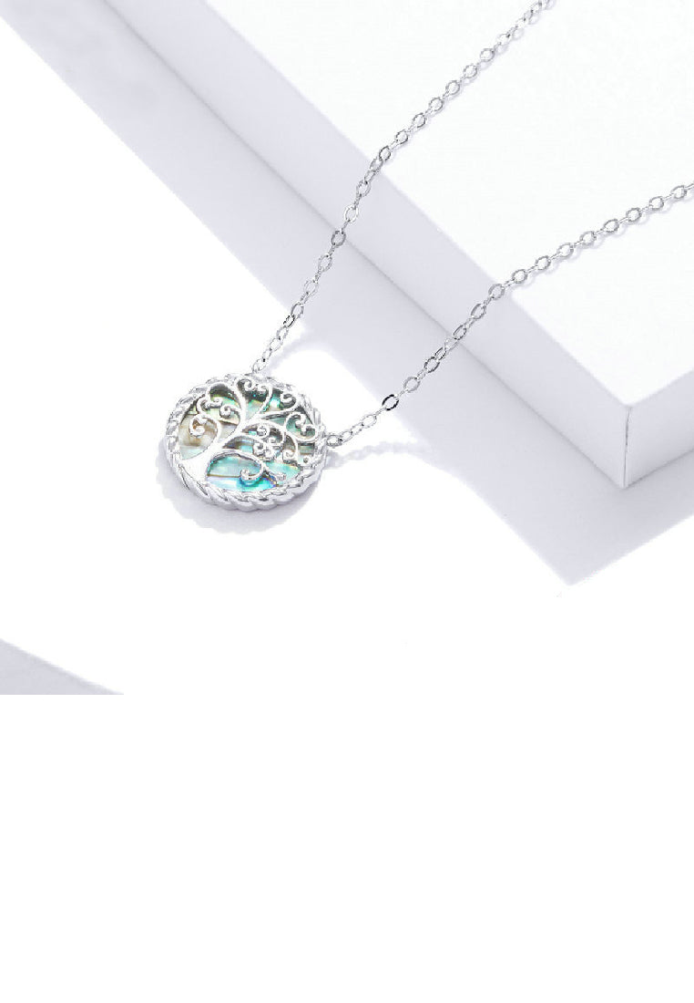 925 Sterling Silver Fashion Temperament Tree Of Life Colorful Shell Geometric Pendant with Necklace