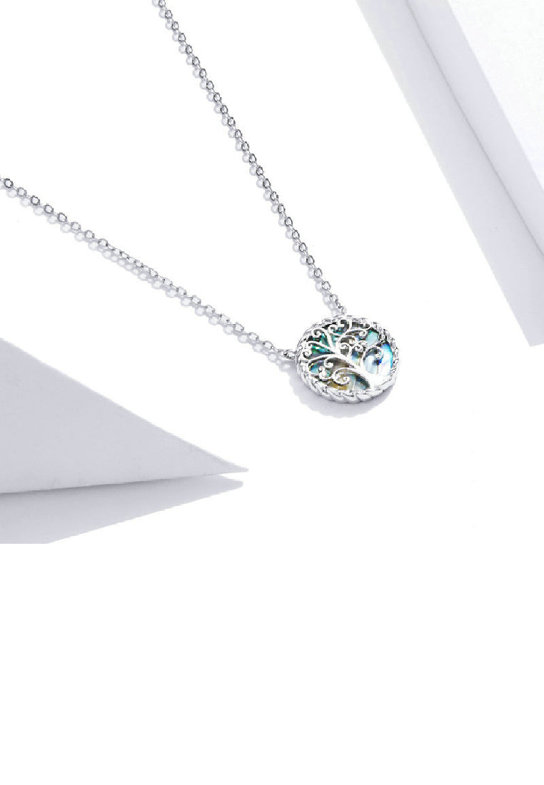 925 Sterling Silver Fashion Temperament Tree Of Life Colorful Shell Geometric Pendant with Necklace