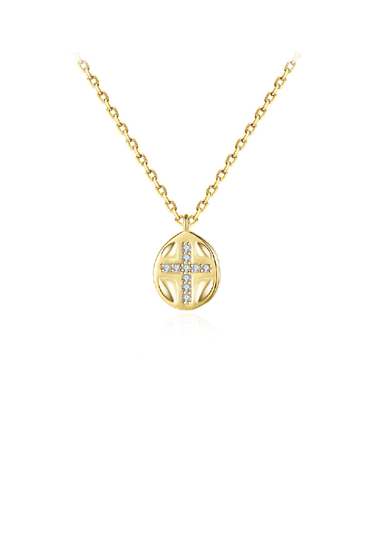 925 Sterling Silver Plated Gold Simple Fashion Cross Geometric Pendant with Cubic Zirconia and Necklace - Luxurious Look