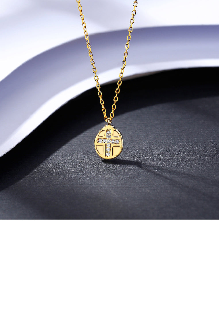 925 Sterling Silver Plated Gold Simple Fashion Cross Geometric Pendant with Cubic Zirconia and Necklace - Luxurious Look